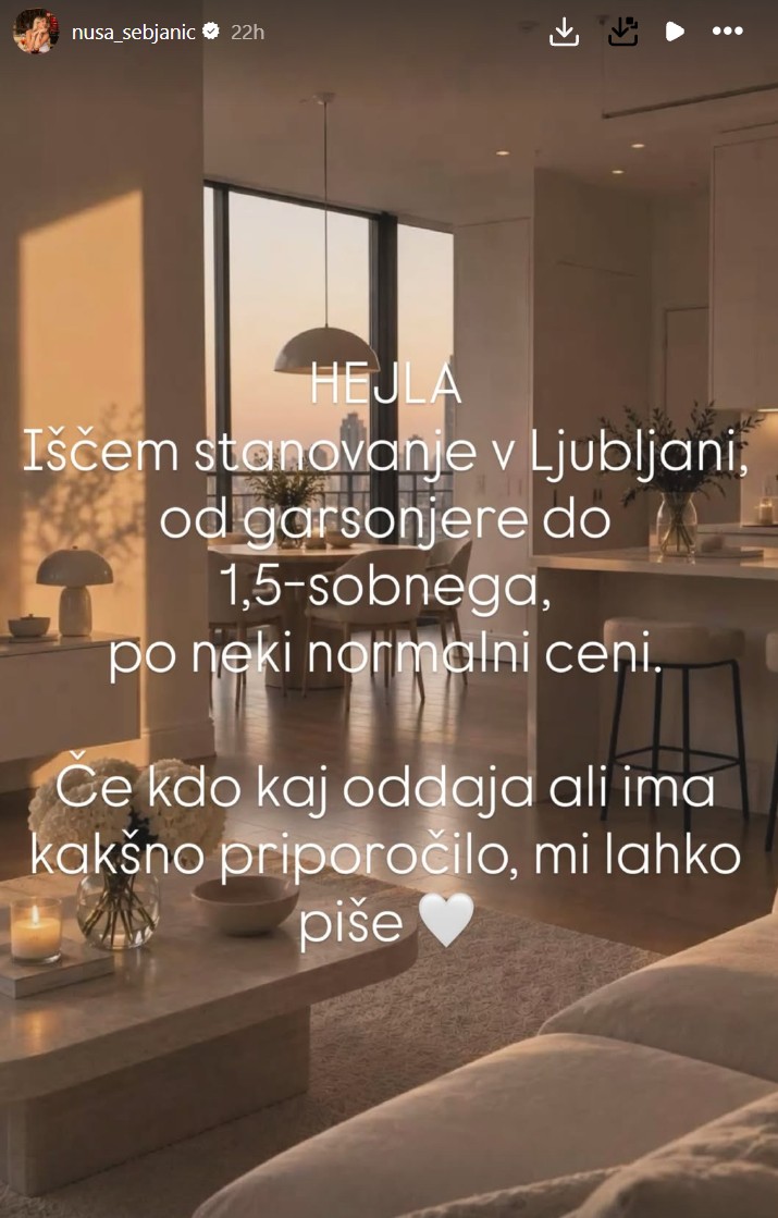 Nuša išče stanovanje v Ljubljani. Vir: Instagram